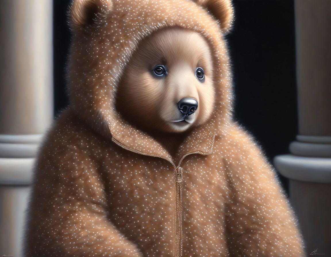 Detailed photorealistic illustration of bear in human-like coat with sparkling dots