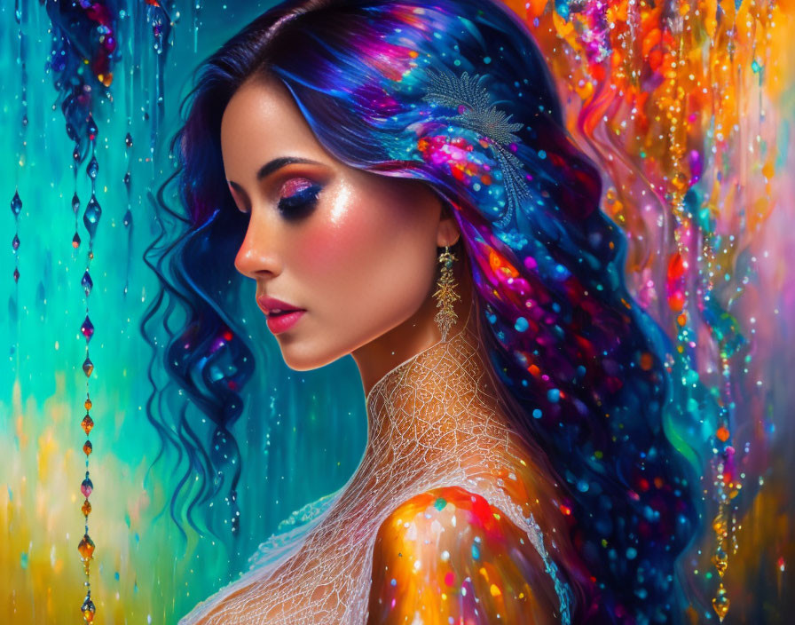 Vibrant portrait of a woman with blue and purple hair, sparkling makeup, and golden tattoo