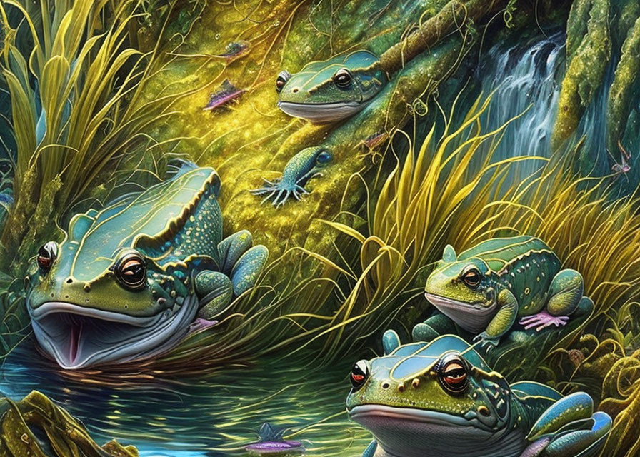 Colorful frog illustration in lush jungle setting with waterfall - intricate details depicted.