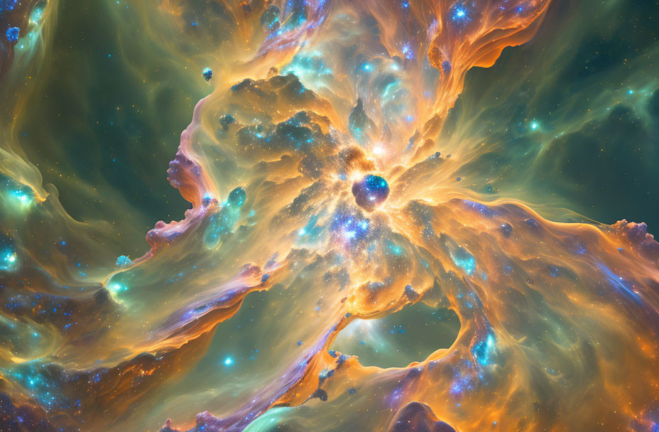 Colorful cosmic scene with swirling nebula clouds and central star.