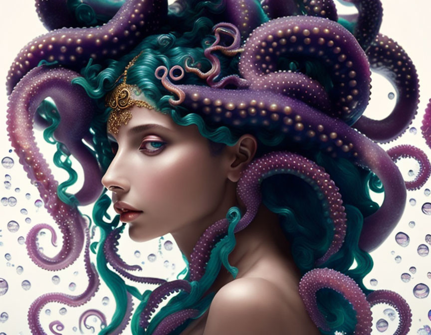 Woman with Octopus Tentacles for Hair in Purple and Green, Golden Accessory, Surrounded by