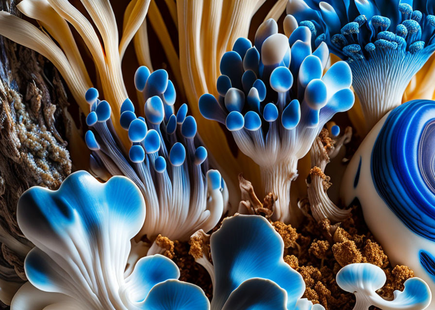 Abstract Blue and White Coral-Like Structures on Dark Background