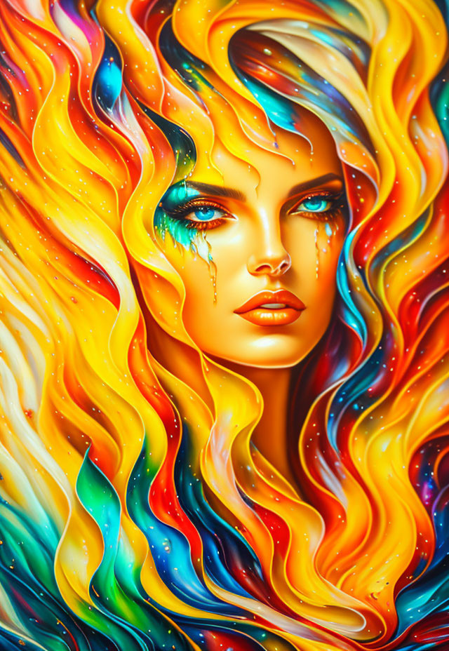 Colorful portrait of a woman with swirling red, yellow, and blue hair and intense blue eyes