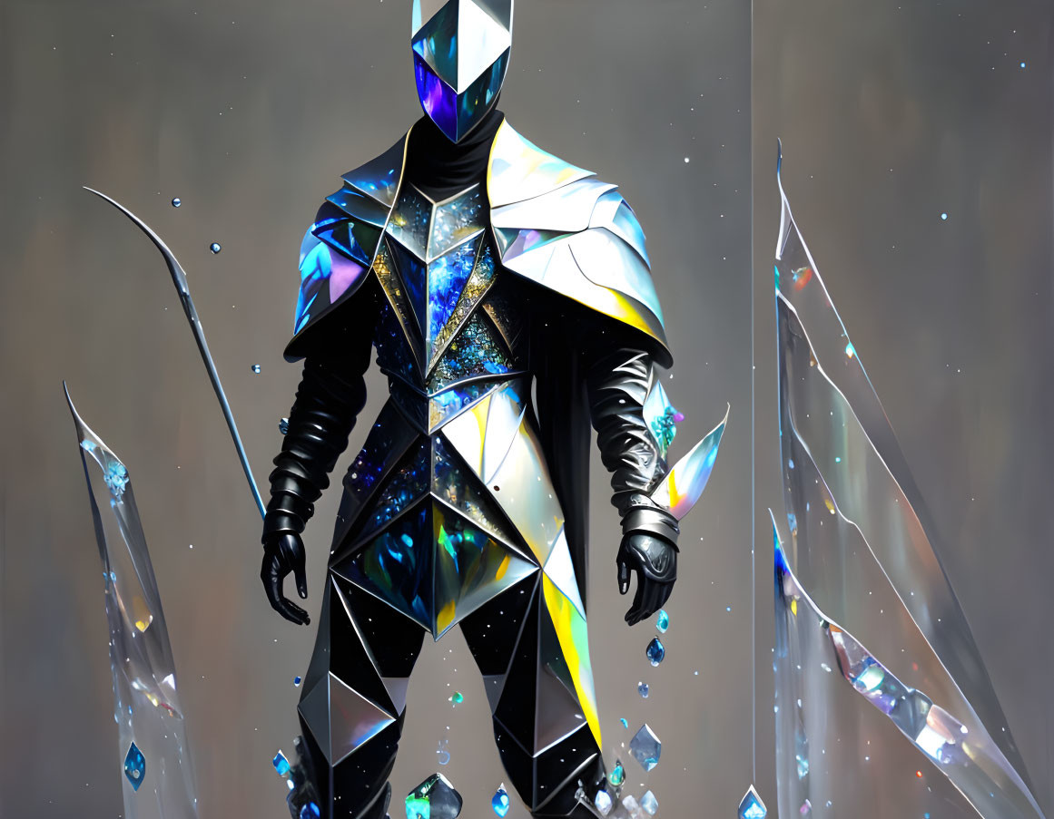 Futuristic suit with reflective crystal surfaces on grey backdrop