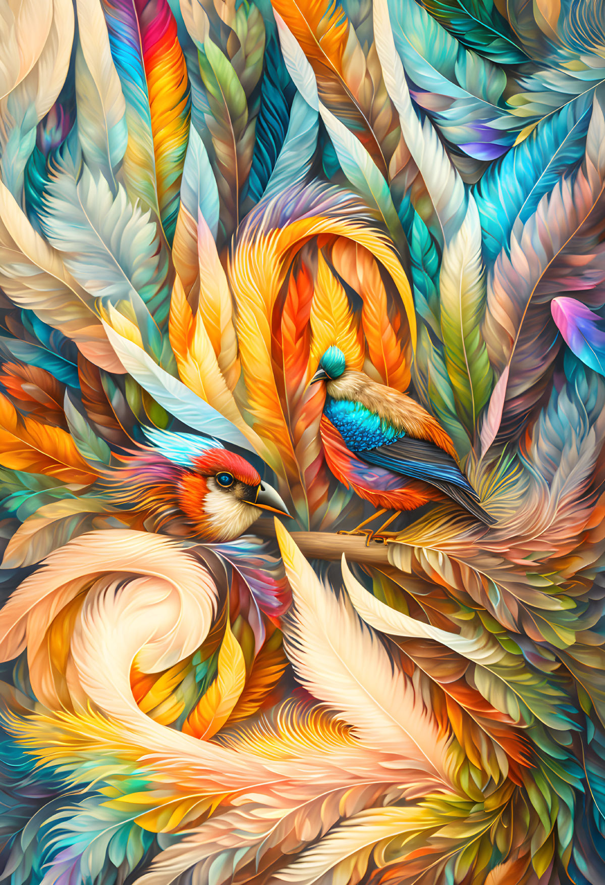 Colorful Feather and Bird Artwork with Intricate Patterns