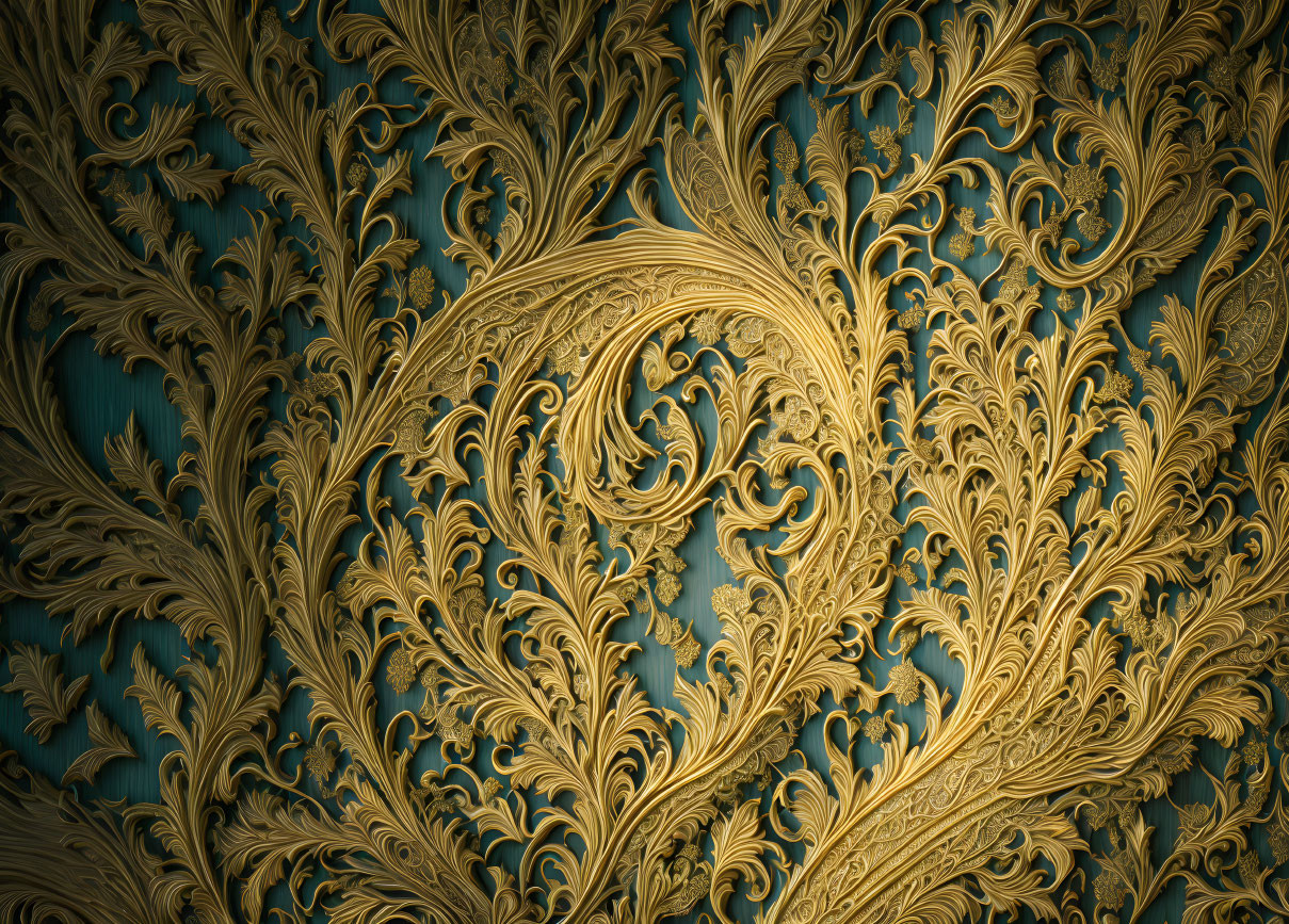 Gold Scrollwork with Leaf Patterns on Teal Background: Luxury and Classical Art