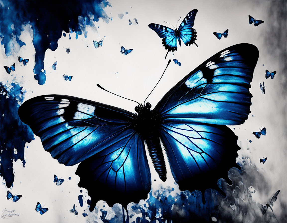 Vivid Blue Butterfly Surrounded by Smaller Butterflies on Abstract Background