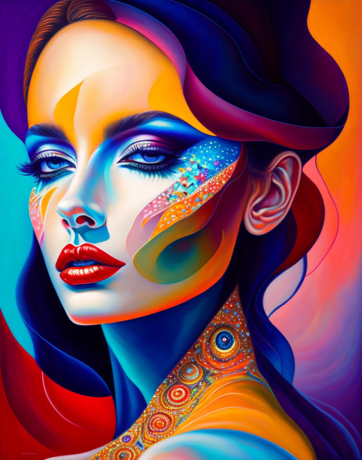Vibrant portrait of a woman with colorful makeup on multicolored backdrop