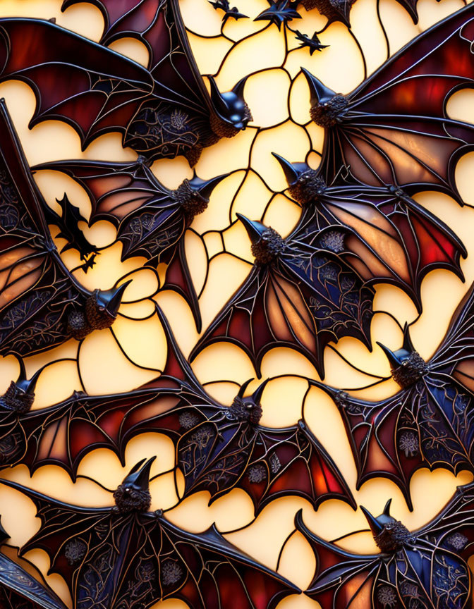 Stylized bats with spread wings on honeycomb background in gothic motif