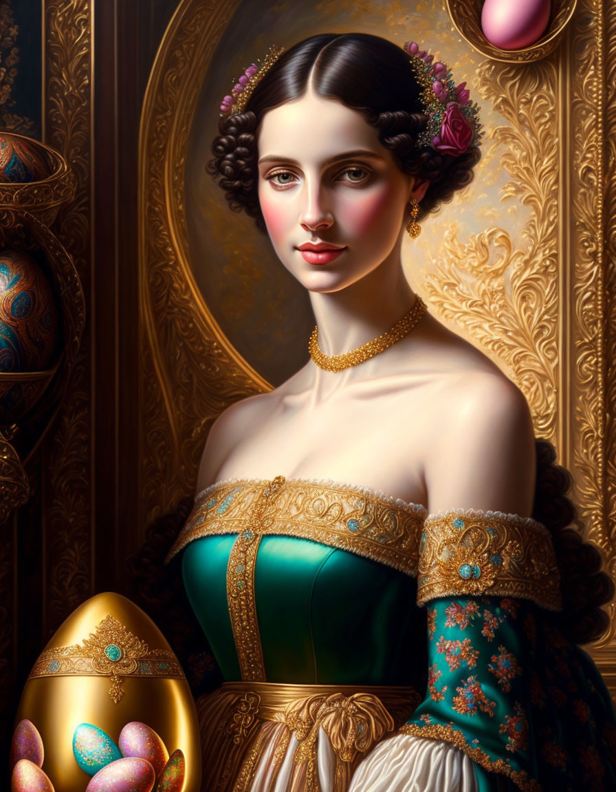 Regal woman in golden and green gown with ornate eggs and floral hair adornment