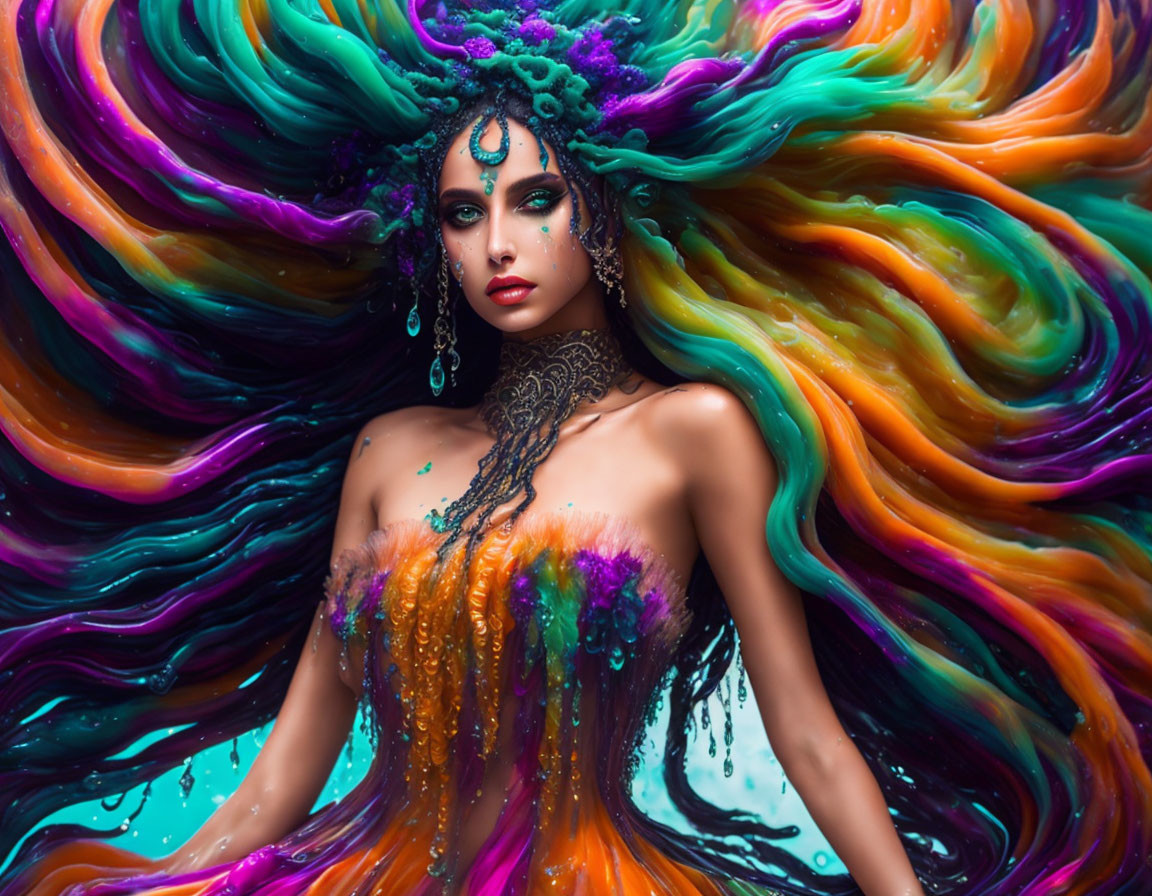 Colorful woman with flowing hair and sea-themed jewelry against contrasting backdrop