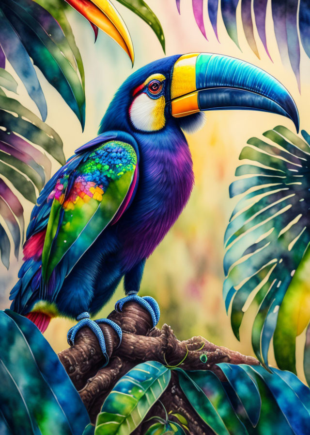 Vibrant toucan illustration with multicolored beak on branch