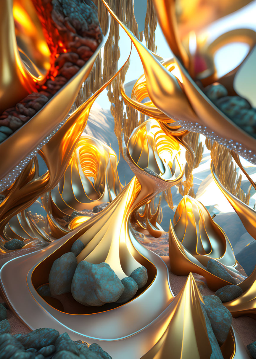 Colorful 3D fractal image: Golden fluid structures, blue stones, warm & cool tones