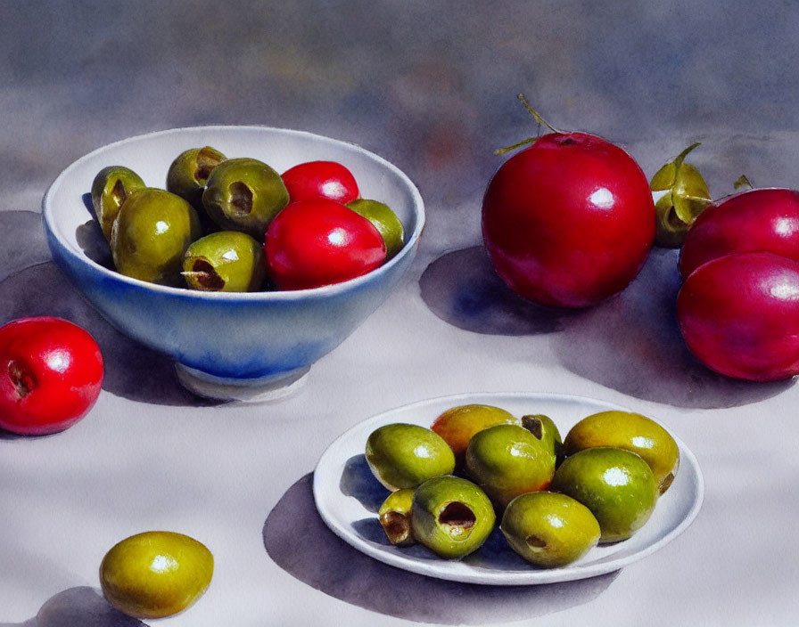 Still life watercolor painting with bowl, plate of green olives, and scattered red fruits.