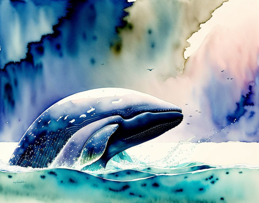 Blue Whale Breaching in Watercolor Painting