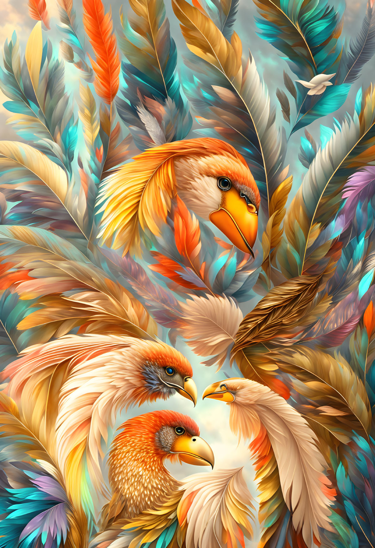 Colorful Stylized Birds Among Multicolored Feathers