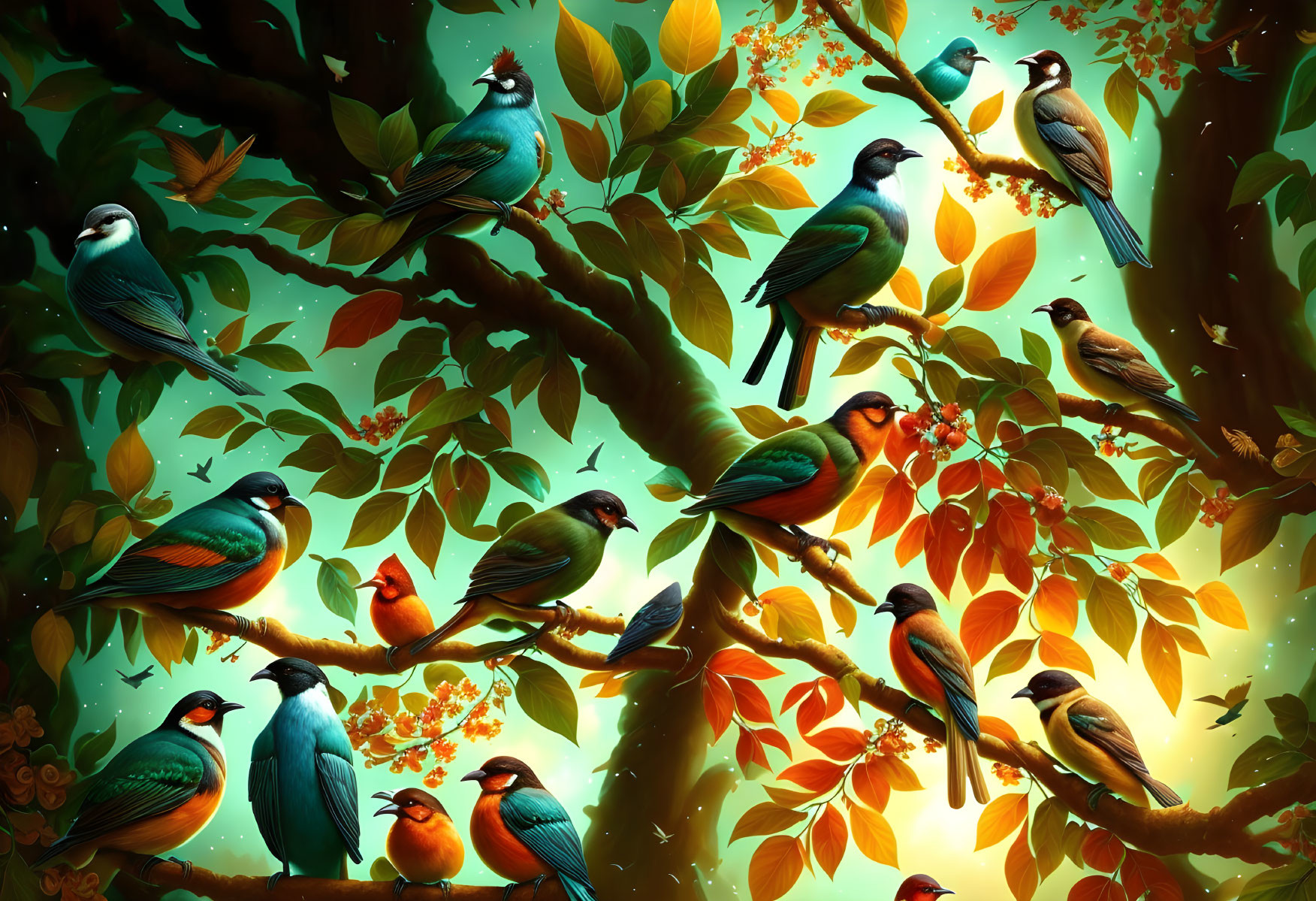 Colorful Birds Perched on Tree Branches with Green Leaves and Orange Fruits