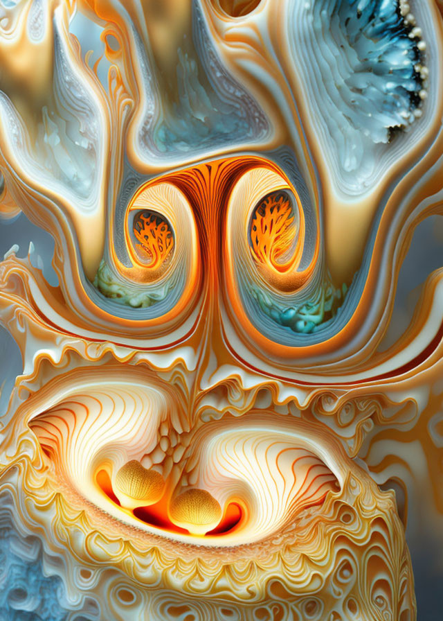 Abstract organic digital art with swirling orange, blue, and cream patterns.