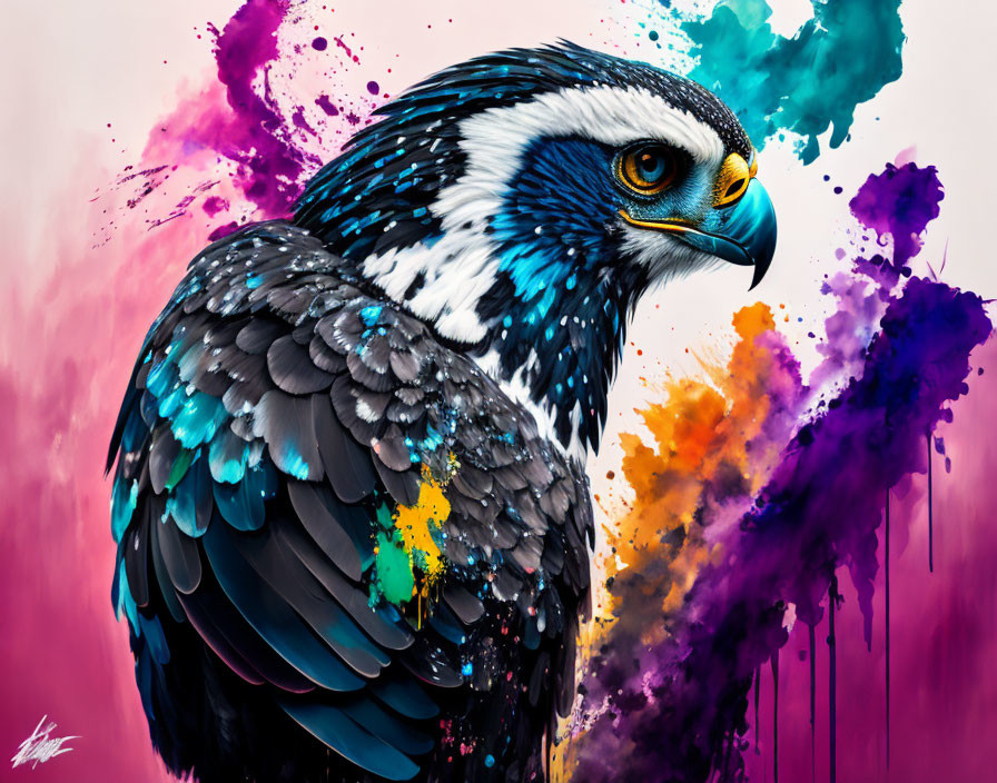 Vibrant blue and black bird against pink and purple splattered backdrop