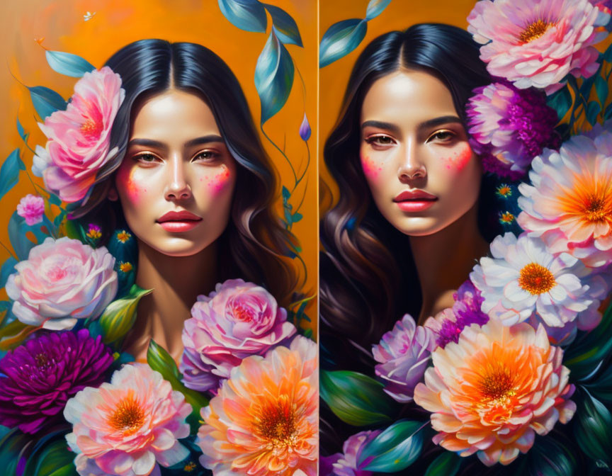 Digital Artwork: Woman with Vibrant Floral Portraits on Golden Background