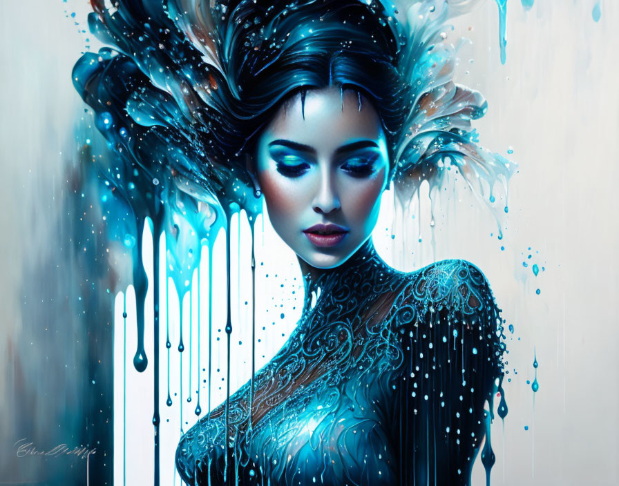 Woman with Flowing Hair and Dress Design Merging with Abstract Blue and White Liquid Splashes