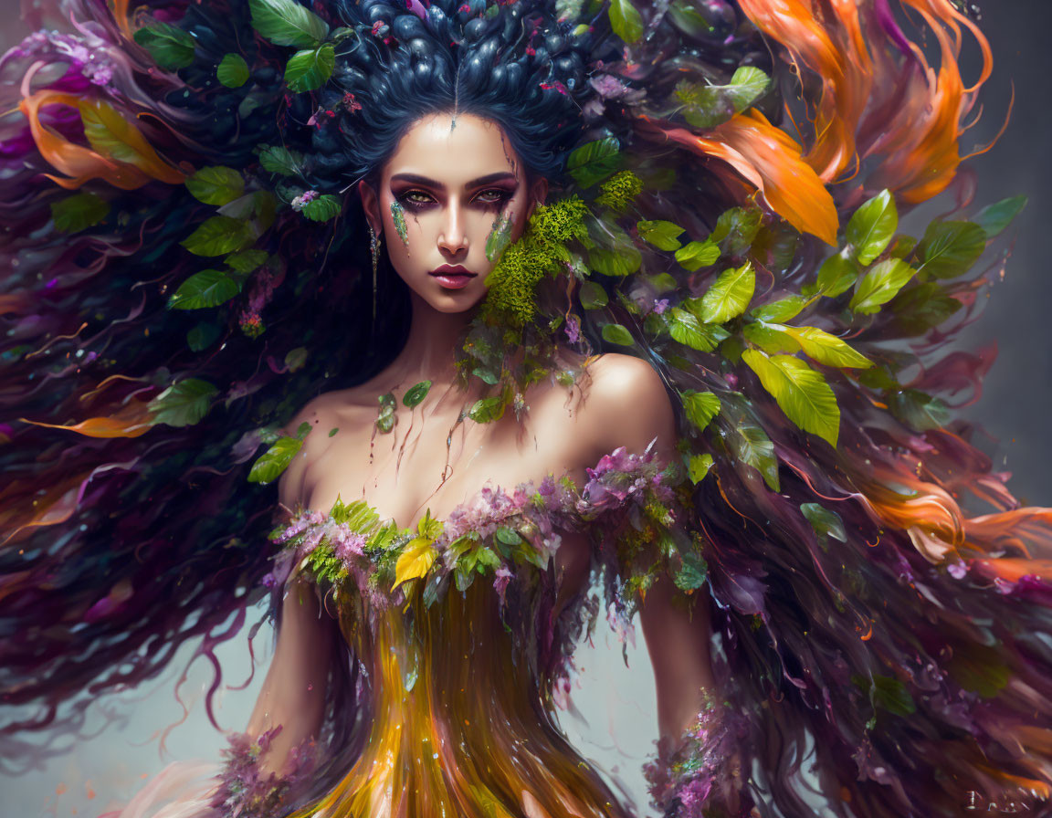 Vibrant nature-inspired hair and floral dress in fantastical portrait
