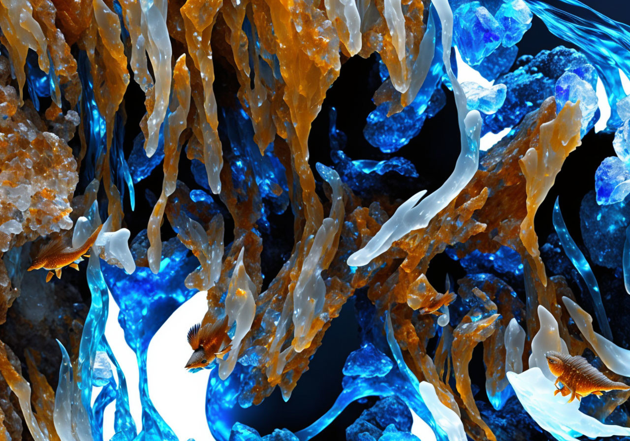 Orange Fish Swim Among Blue and White Crystal Structures in Abstract Digital Art