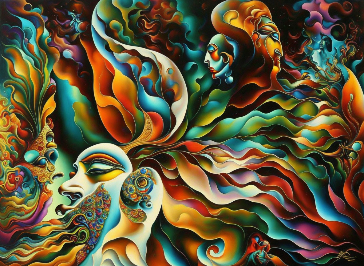 Abstract Painting: Vibrant Colors, Feminine Faces, Organic Forms