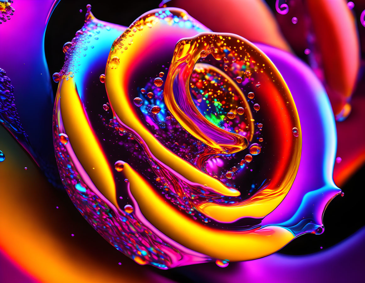 Colorful abstract art with swirling colors and reflective droplets in fluid composition