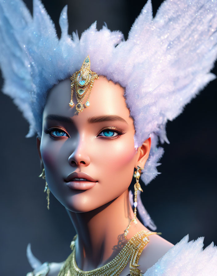 Fantasy female character portrait with blue eyes and white feathered headdress.