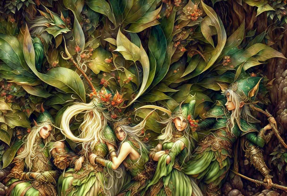 Detailed Illustration: Four Ethereal Elf-Like Characters in Lush Green Foliage