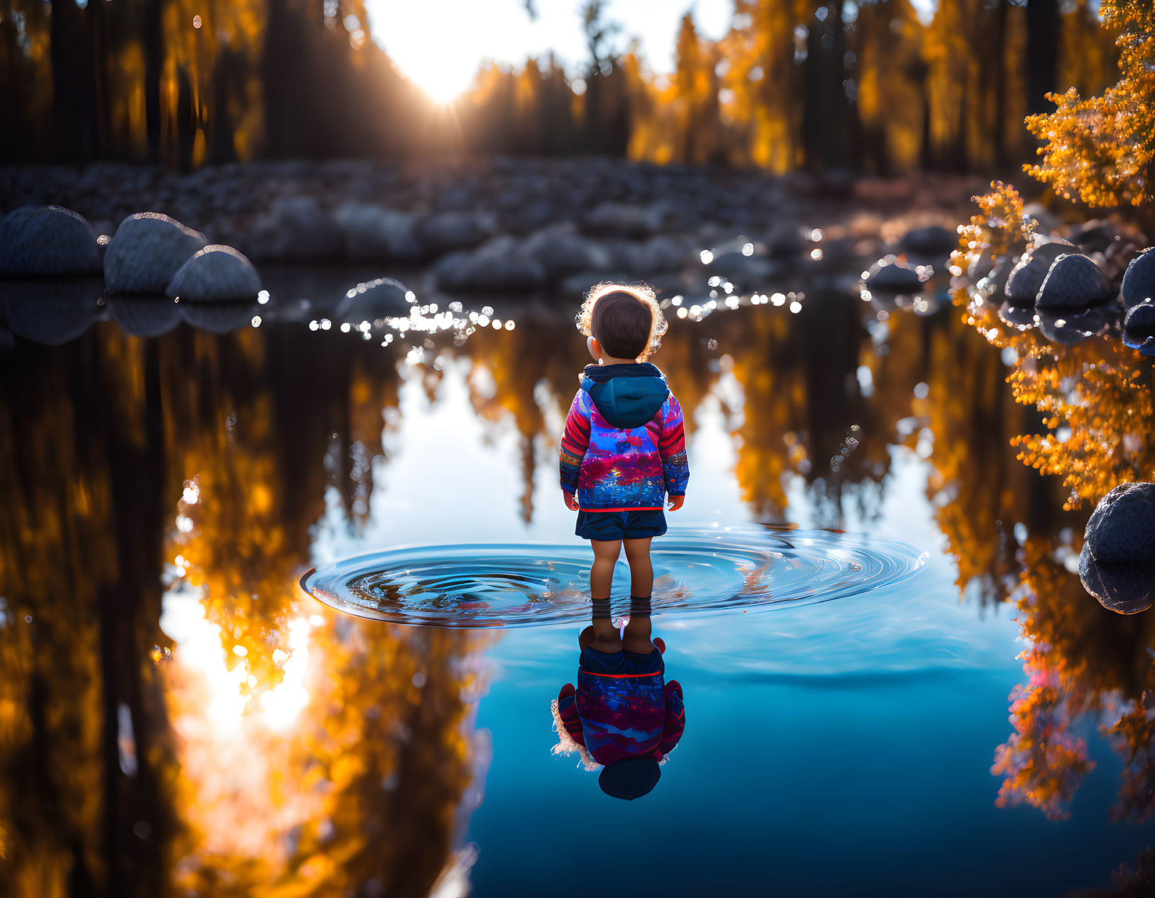 Child Standing in Tranquil Lake Among Autumn Trees