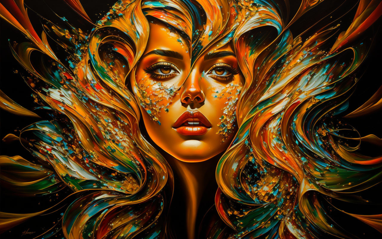 Colorful digital artwork: Woman with flowing hair and abstract patterns on dark background