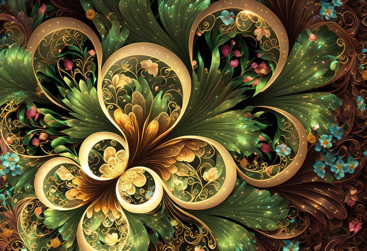 Intricate fractal art with gold and green swirling patterns and floral motifs