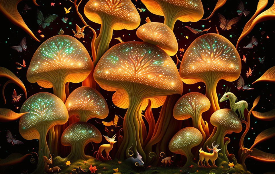 Enchanted forest with oversized mushrooms and small creatures