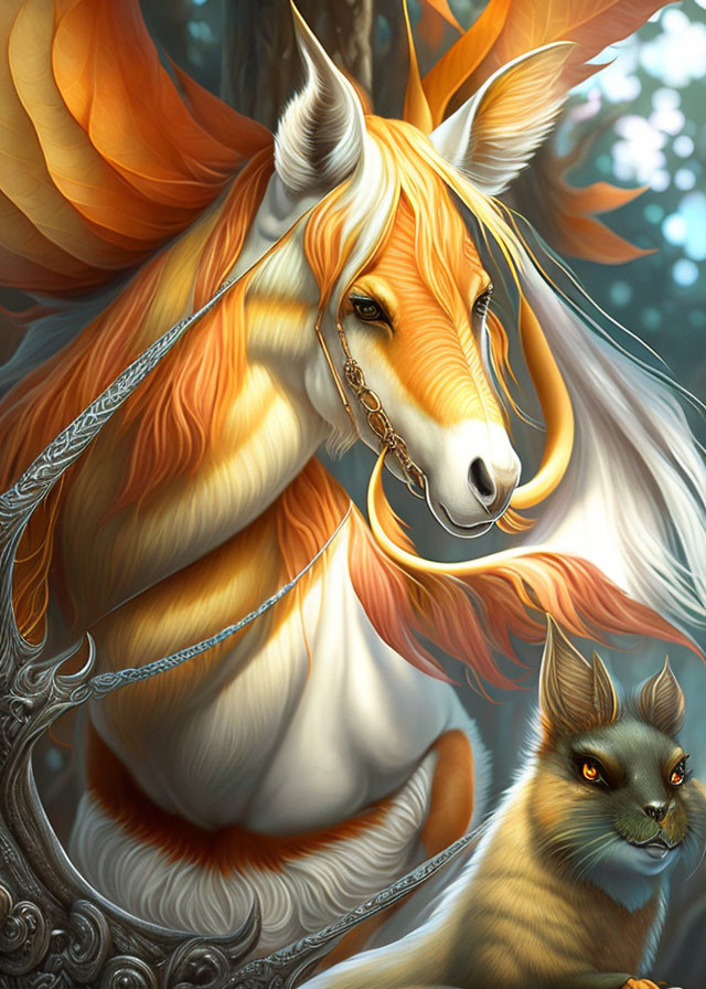 Majestic golden horse with ornate antlers and sly creature in mystical forest