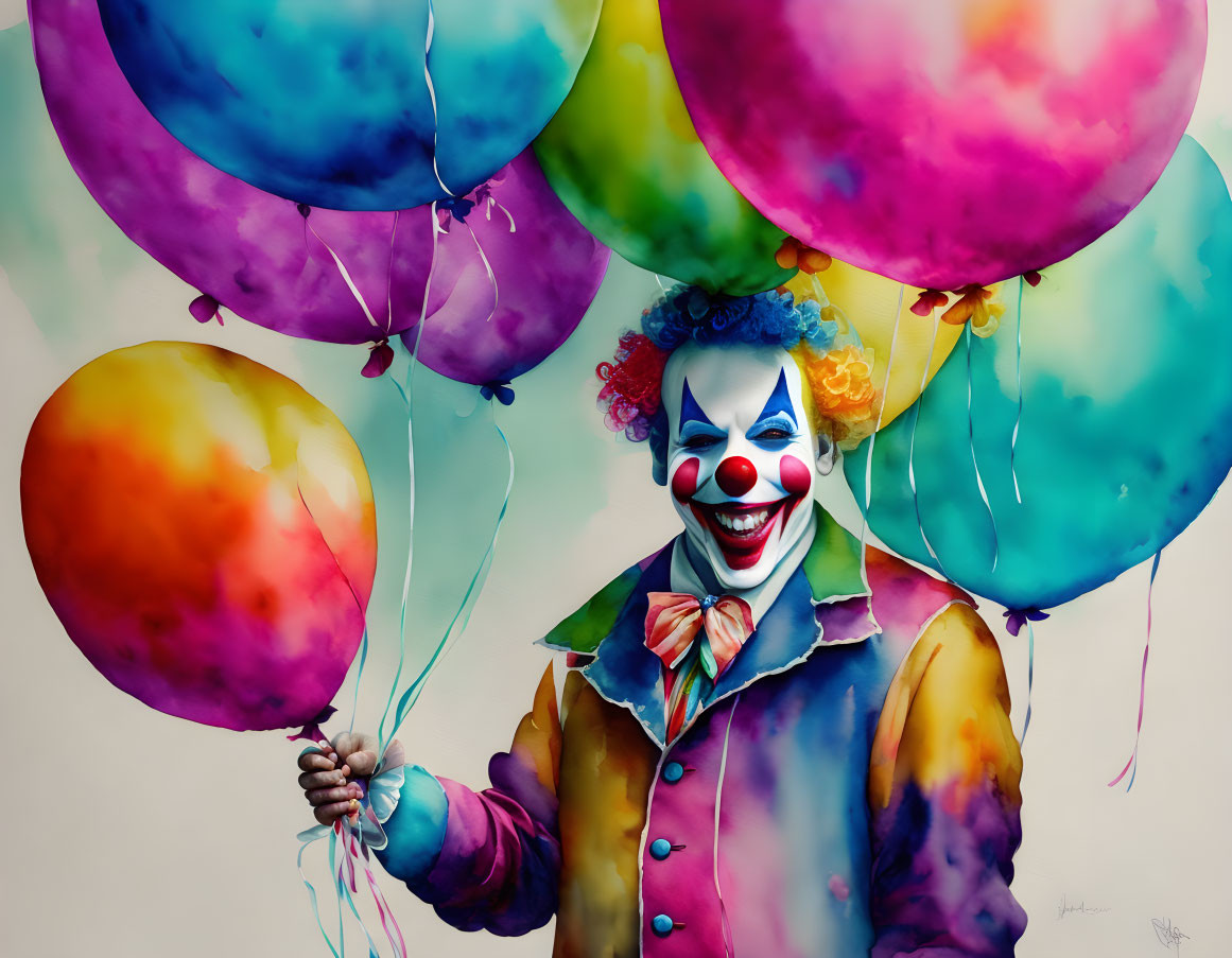 Colorful Clown Holding Vibrant Balloons on Pastel Background