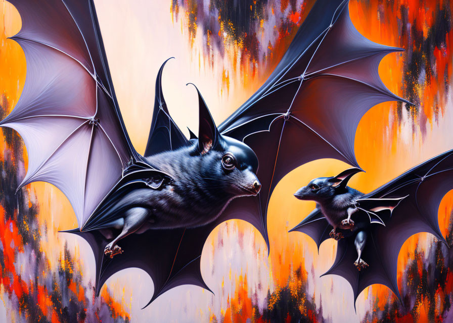 Stylized bats with outstretched wings on orange and purple backdrop