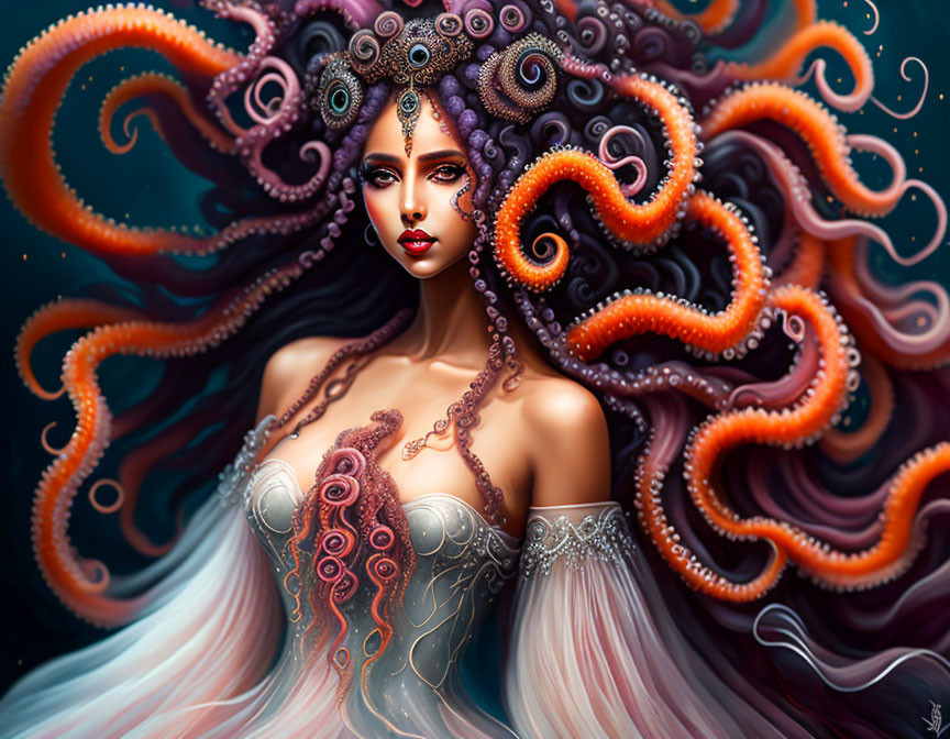 Fantastical portrait of woman with octopus tentacle hair and elegant jewels