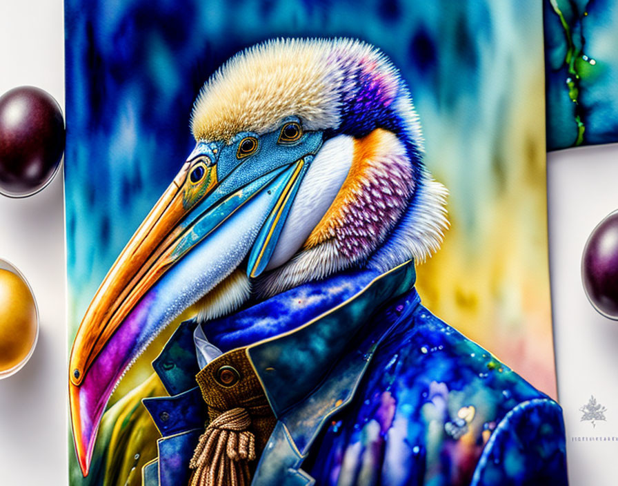 Vibrant pelican portrait in regal attire on blurred background with spheres
