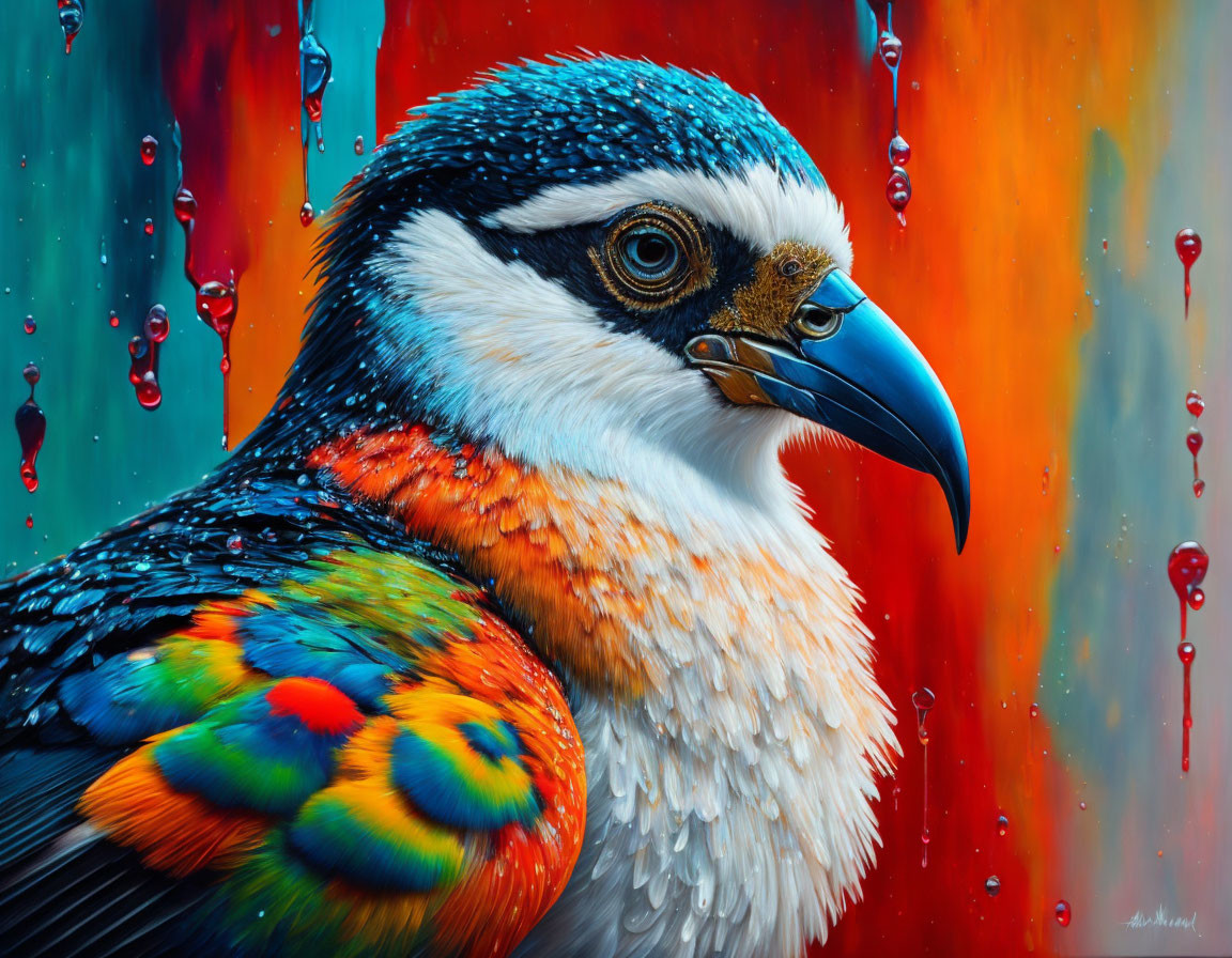 Colorful Bird with Blue and Orange Feathers on Red and Blue Paint Background