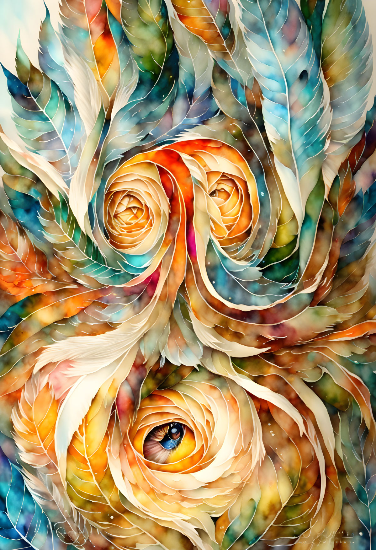 Colorful Watercolor Painting with Feathers and Eye in Blue, Yellow, and Orange Palette