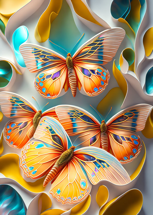 Colorful Butterflies Resting Among Abstract Shapes in Blue, Yellow, and Orange Palette