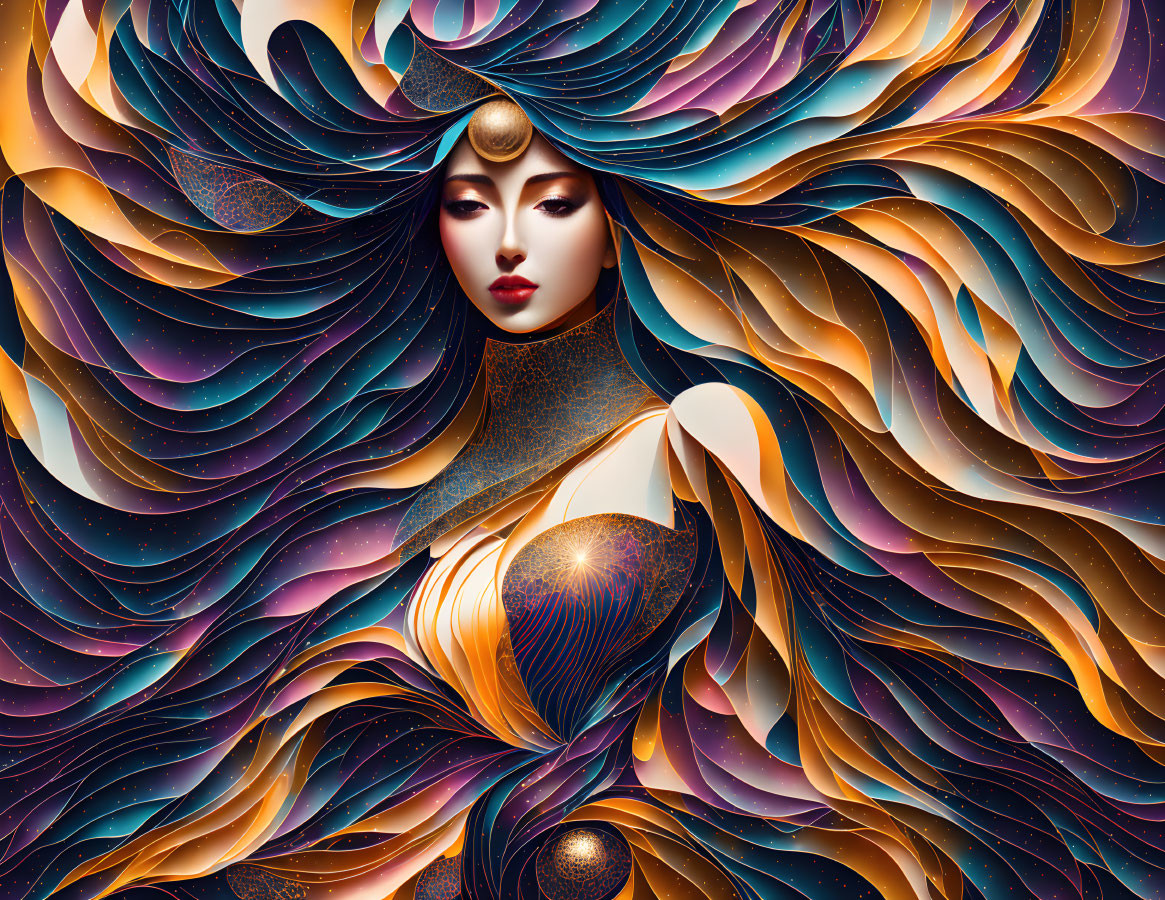 Colorful digital artwork of woman with flowing hair and golden ornament