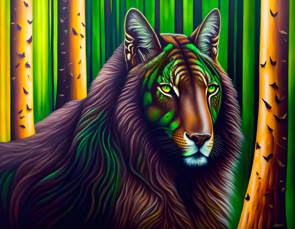 Colorful Tiger Digital Painting with Bamboo and Butterflies