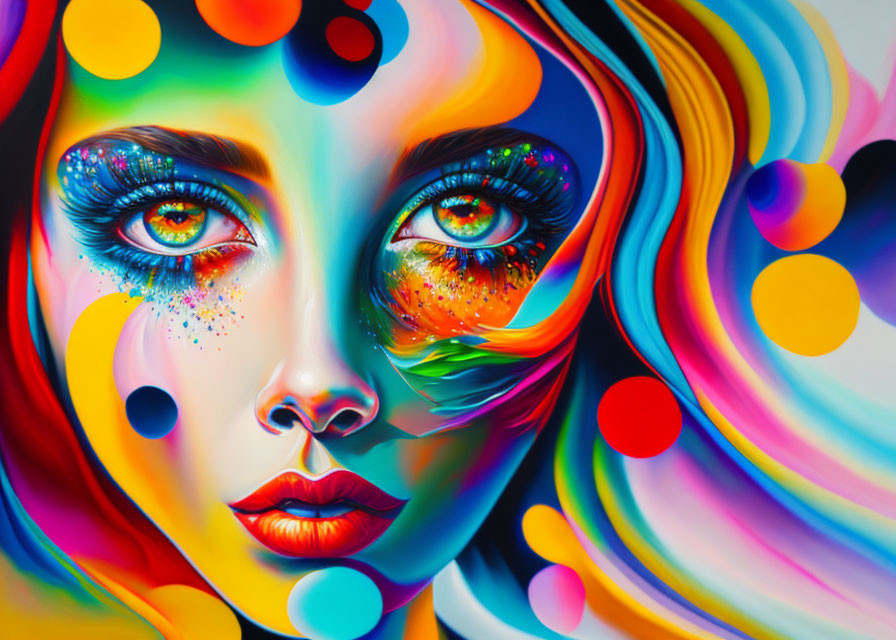 Colorful portrait of a woman with intense eyes and psychedelic patterns.