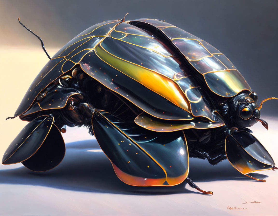 Detailed Hyper-Realistic Black Beetle Illustration on Grey Background