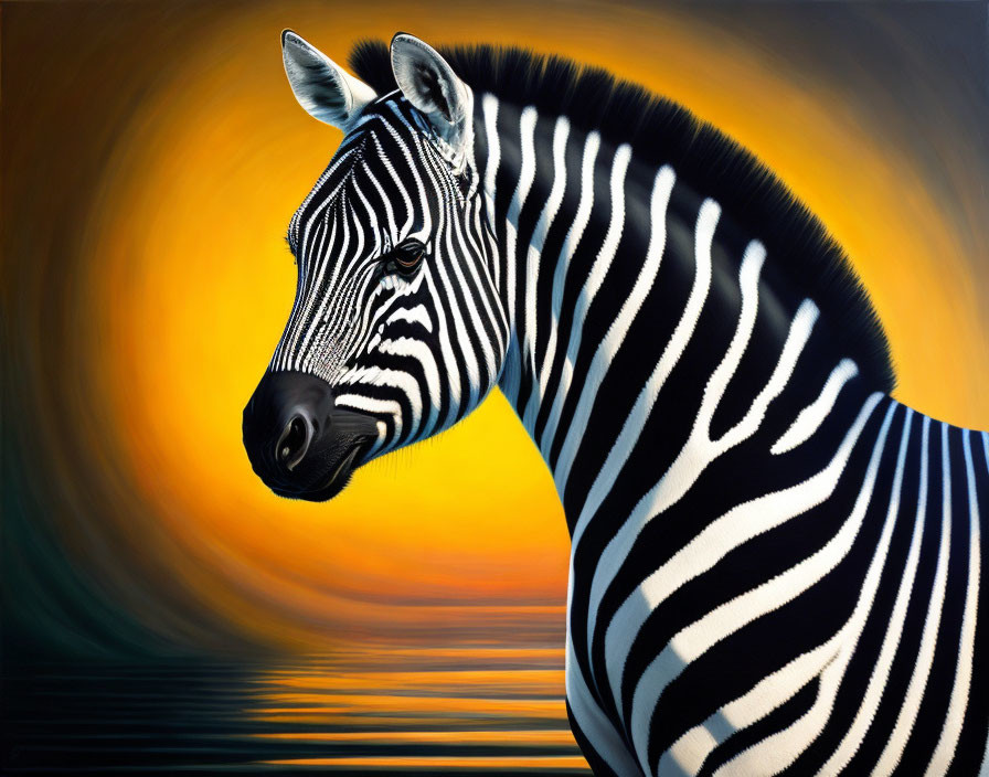 Zebra in front of orange and yellow sunset with reflection in water