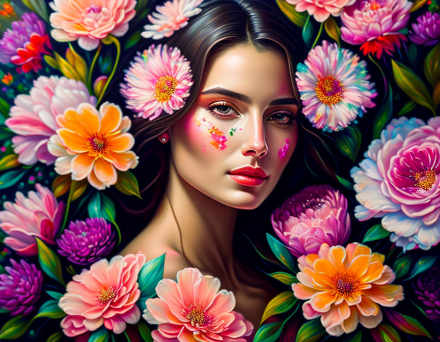 Colorful Floral Face Illustration with Vibrant Flowers and Petals