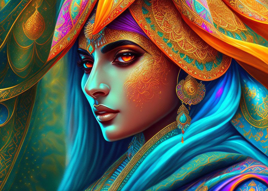 Detailed illustration of woman with ornate headgear and blue shawl